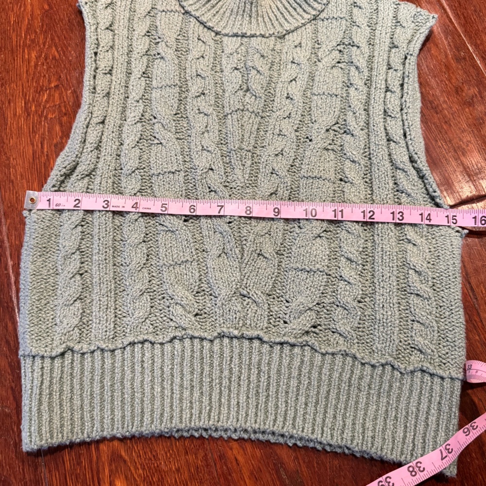 Free People Cropped Cable Knit Sleeveless Turtleneck Sweater in Mountain Mint - Picture 5 of 9